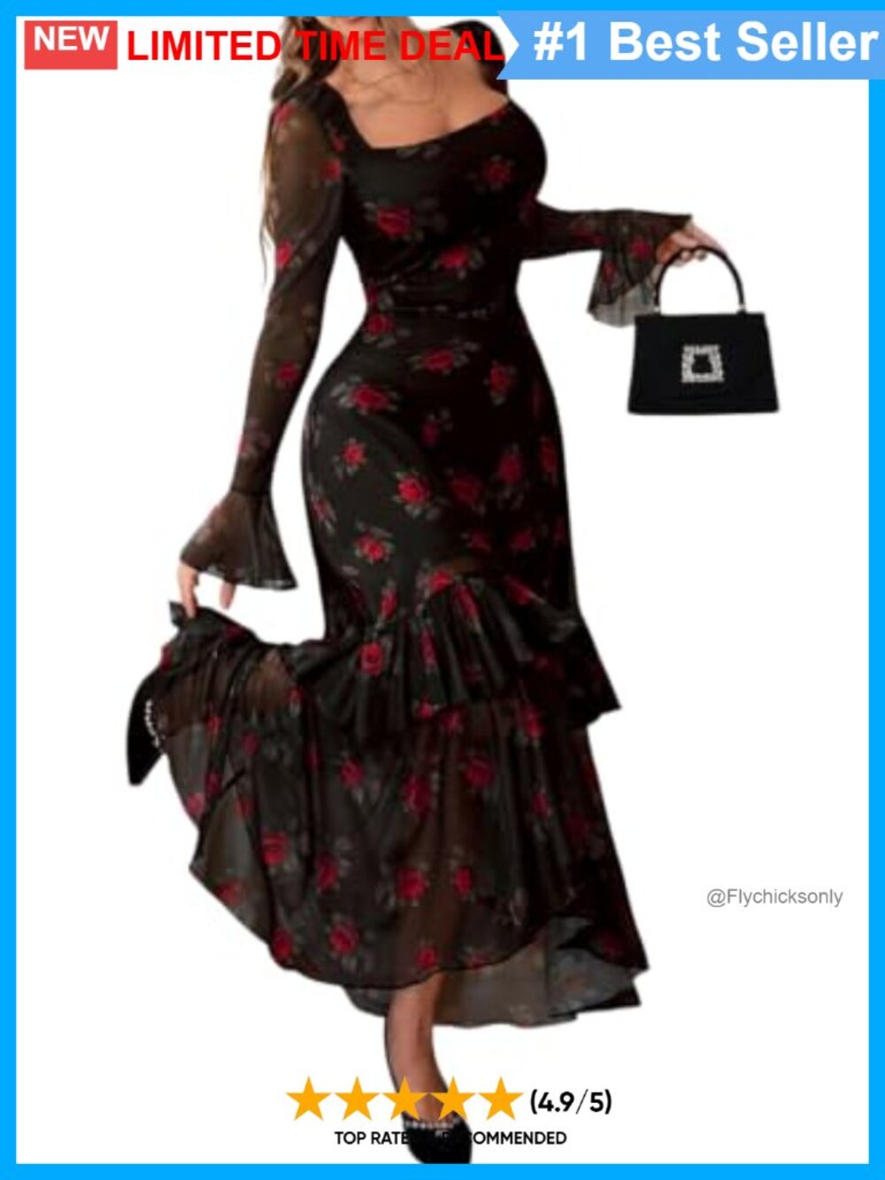 GothDark Floral Mesh Square Neck High-Low Maxi Dress Bell Sleeve
